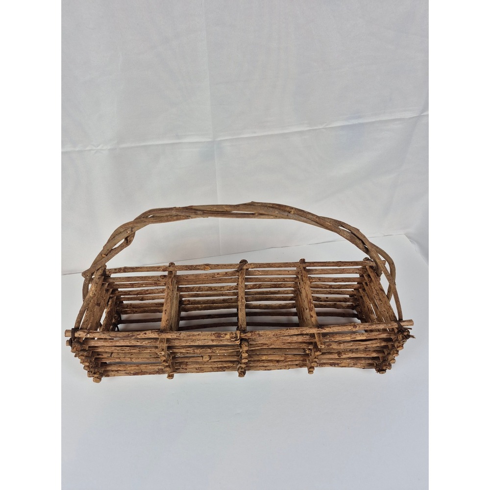 Large Vintage Rustic Twig Wood Basket Trug Primitive Farmhouse Cabin Decor - Picture 3 of 9
